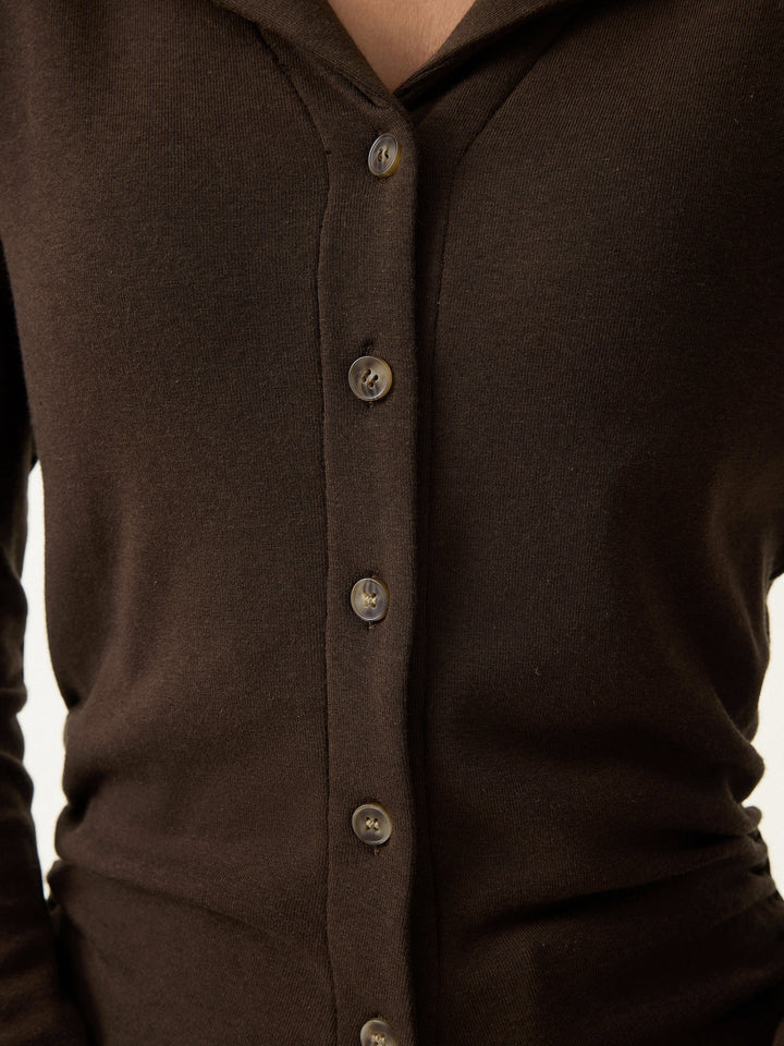 Flapped V-neck Button Front Side Ruched Top