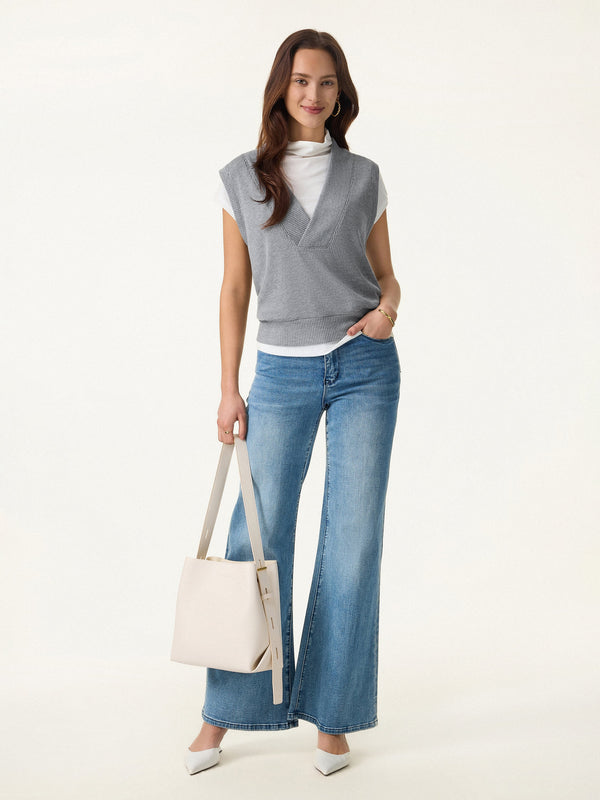 Soft Rib Knit V-Neck Wide Shoulder Vest