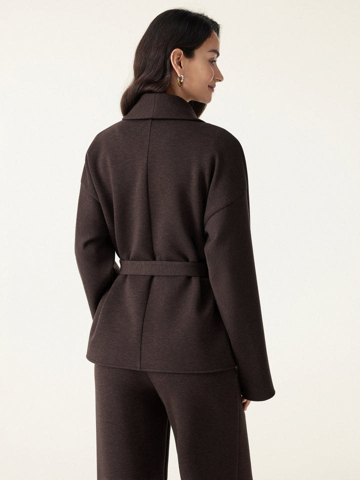 2Pcs Set Shawl Belted Outerwear & High Rise Straight Pull-on Pants with Pockets