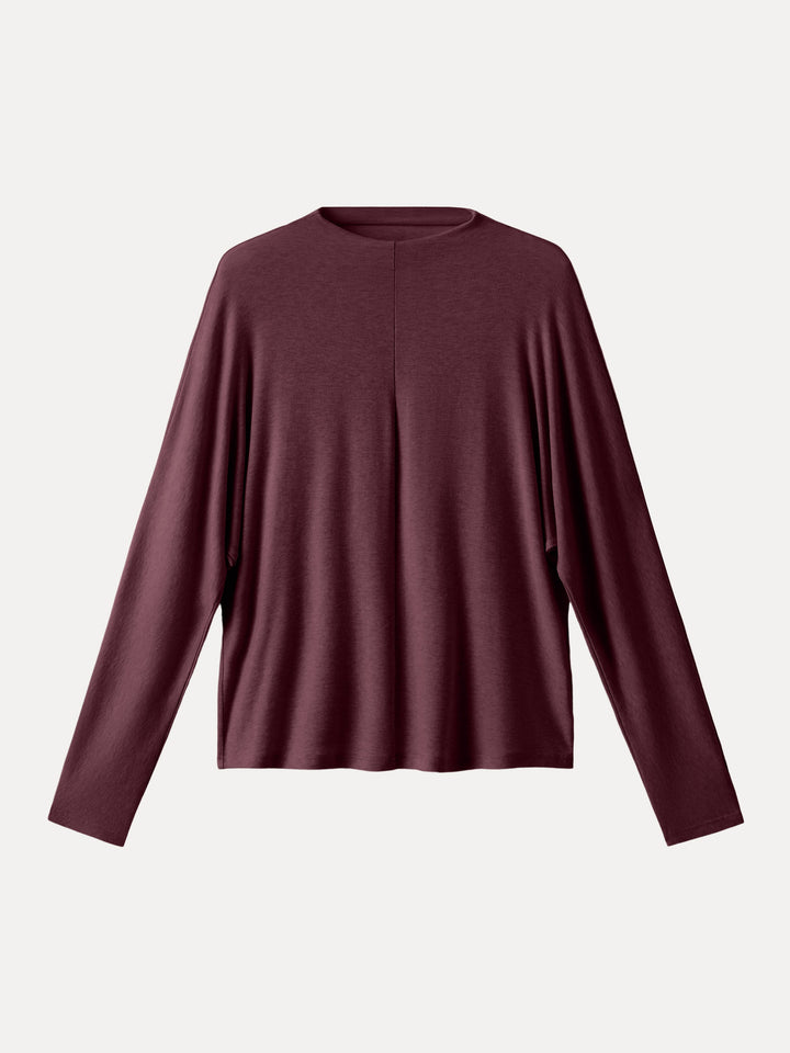 Lyocell Cashmere Relaxed Mockneck Batwing Sleeve Top Wine XS