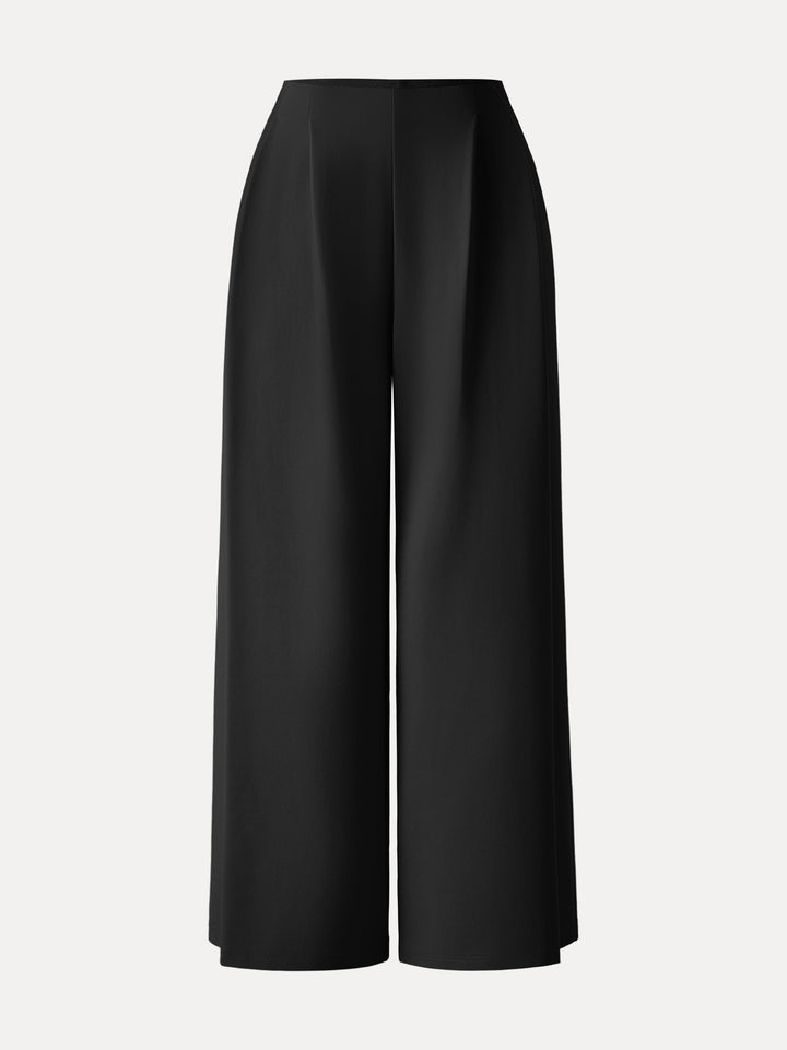 Mid Rise Wide Leg Ankled Pull-on Pants with Pockets Black XS