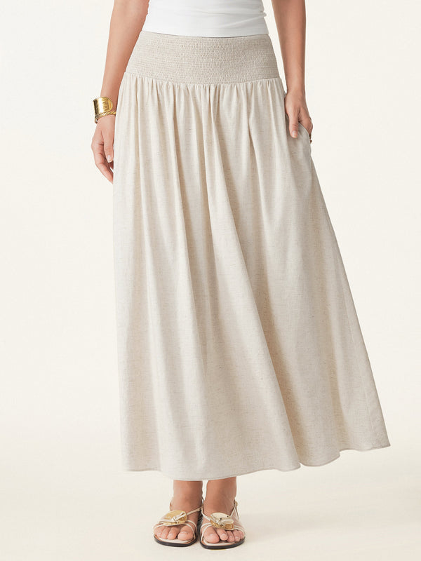 OGLmove 2Pcs Boatneck Ruched Brami Tank & European Linen Smocked Waist Skirt with Pockets