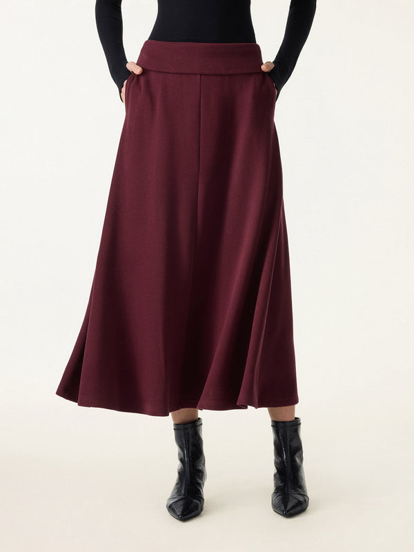 Tummy-Warmer Midi Pull-on A-Line Skirt with Pockets