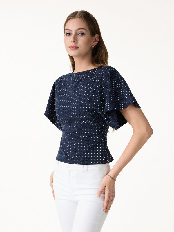 Soft Stretch Cotton Boatneck Flutter Sleeves Polka Dot Top