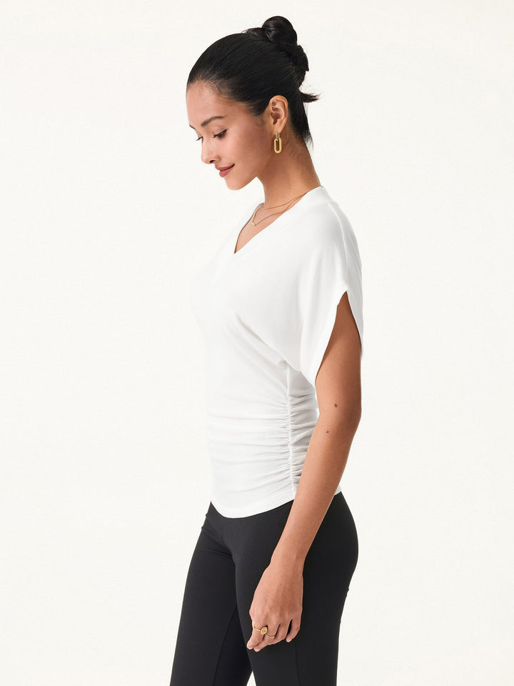 Lyocell Cashmere Blend V-neck Short Sleeve Side Ruched Tee
