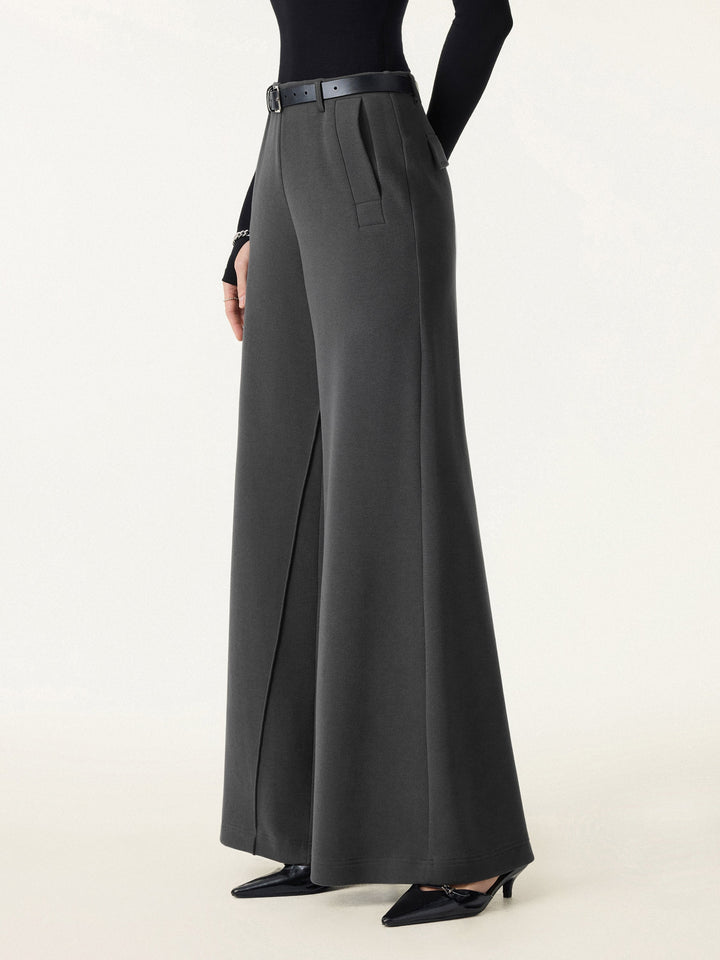 Tummy-Control Mid Rise Ultra-Wide Leg Pants with Pockets Deep Grey XS