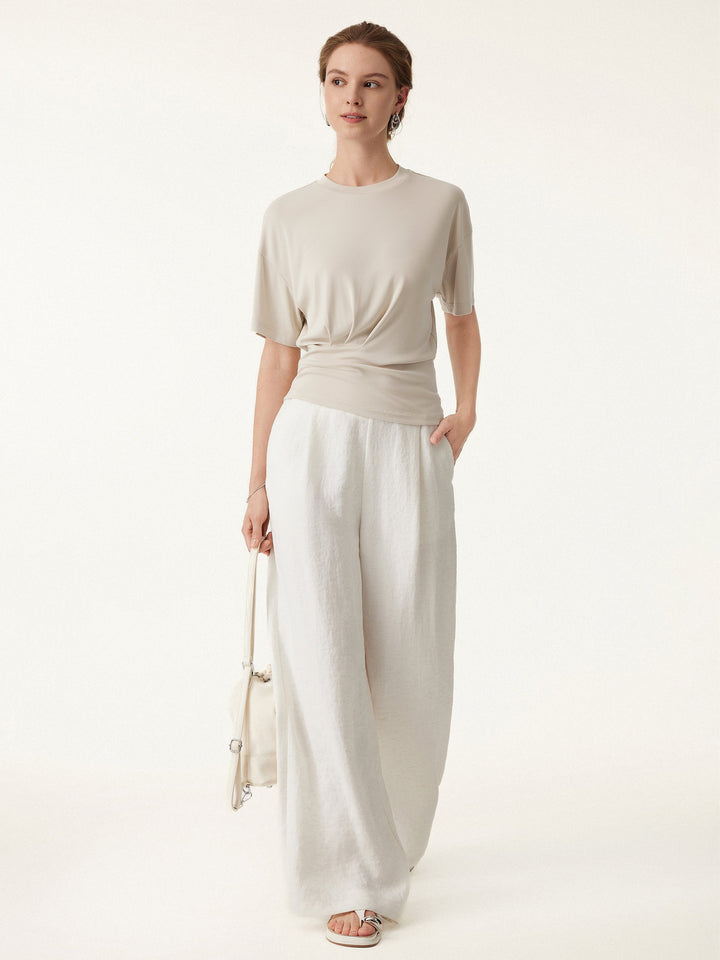 2Pcs Set Sandwashed Crewneck Short Sleeve Tee & Linen Mid Rise Wide Leg Pant with Pockets