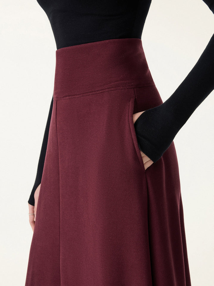 2Pcs Set Mockneck Batwing Sleeve Brami & Midi Pull-on A-Line Skirt with Pockets