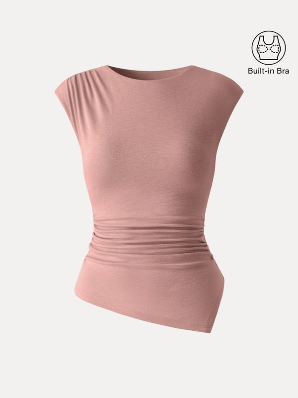 OGLmove Matte Smooth Cap Sleeve Ruched Asymmetrical Bra Top Sahara Pink XS