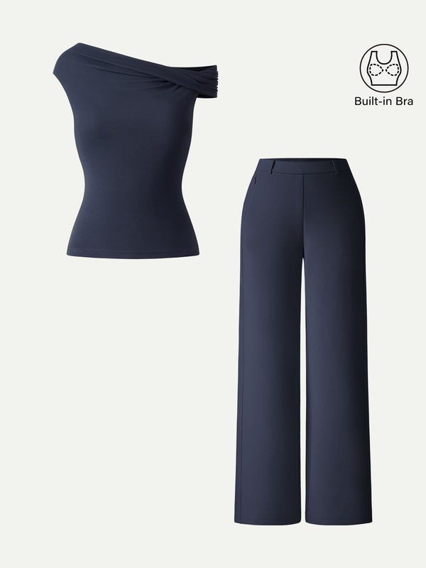 2Pcs Set Multi-wear Bra Top & Slimming High Rise Wide Leg Pants