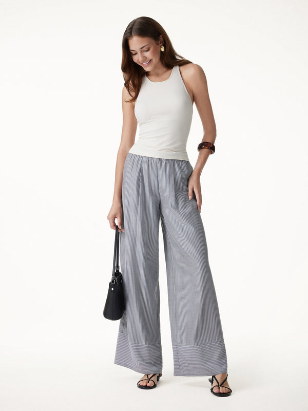 OGLmove Summer Poplin High-Rise Wide Leg Pants with Pockets Grey/White Stripe XS