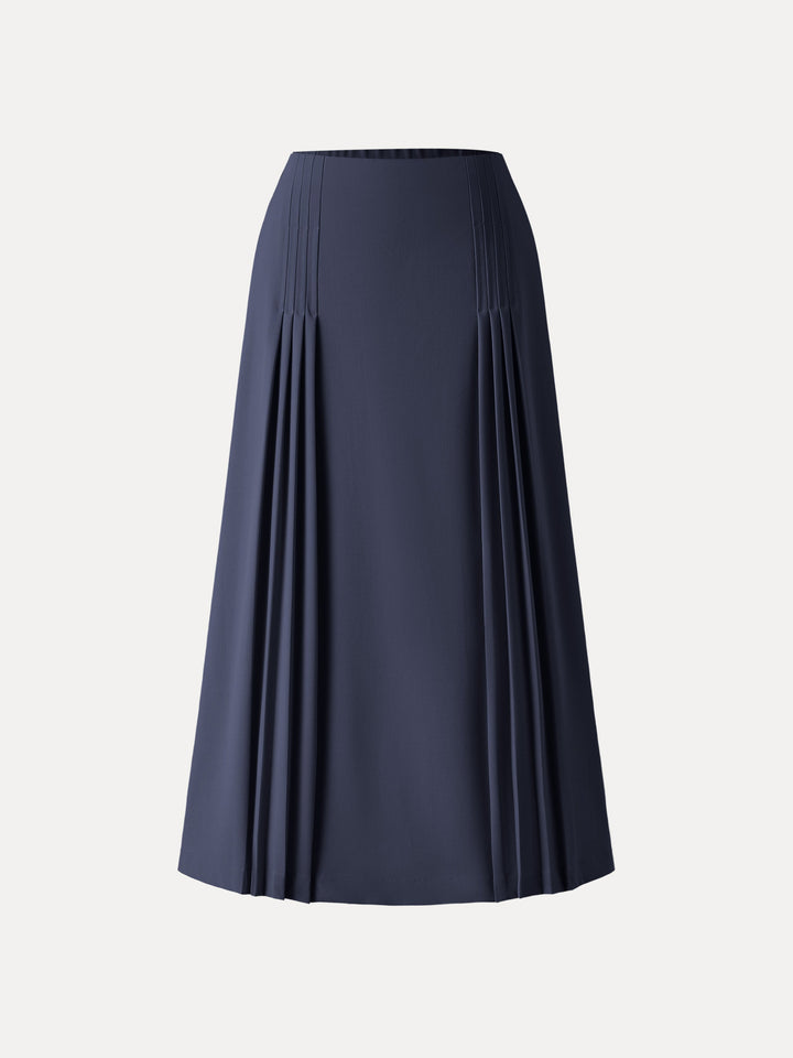 Wrinkle-Resistant A-line Pleated Midi Skirt with Pockets Navy XS
