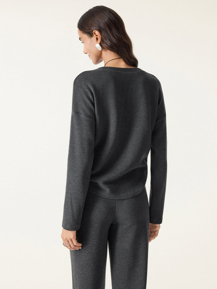 2Pcs Set Crew Neck Long Sleeve Top & Mid Rise Straight Leg Pants with Pockets