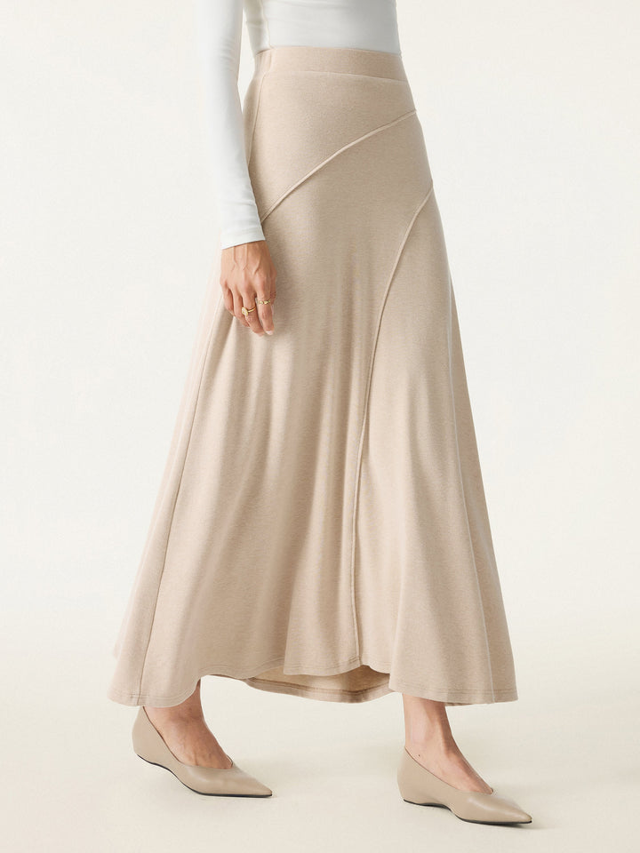 2Pcs Set Slanted Mockneck Ruched Brami & Mid Rise Pull-on Flared Maxi Skirt