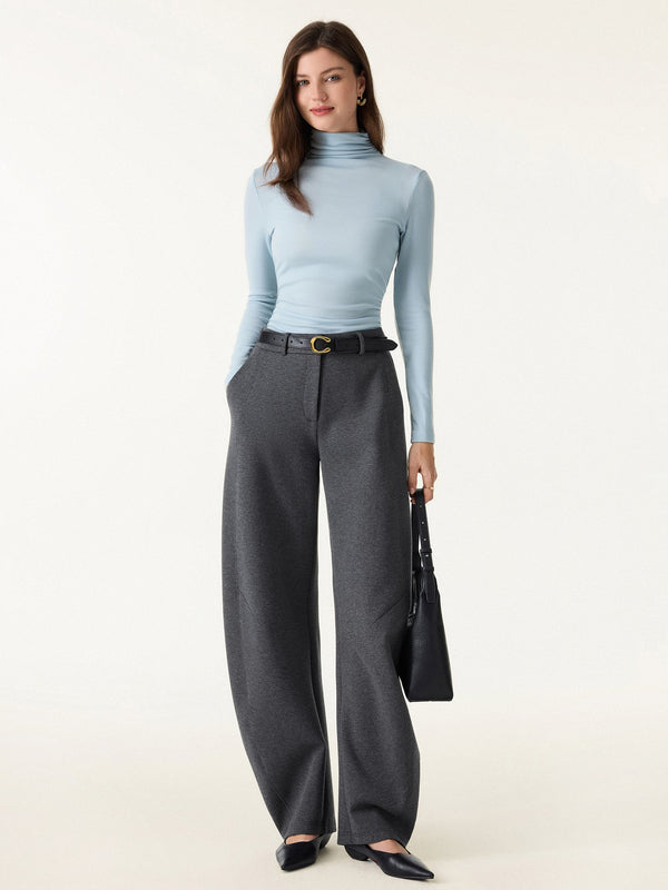 Stretch Mid Rise Barrel Leg Knit Pants with Pockets Heather Black XS