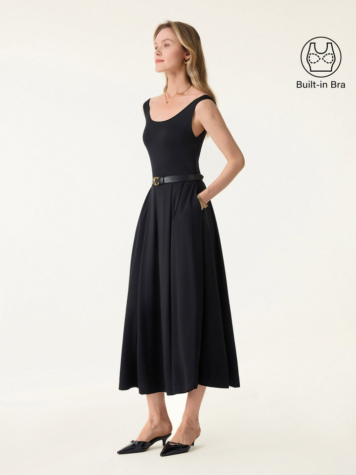 Balletic Scoop Neck Midi Brami Dress with Pockets