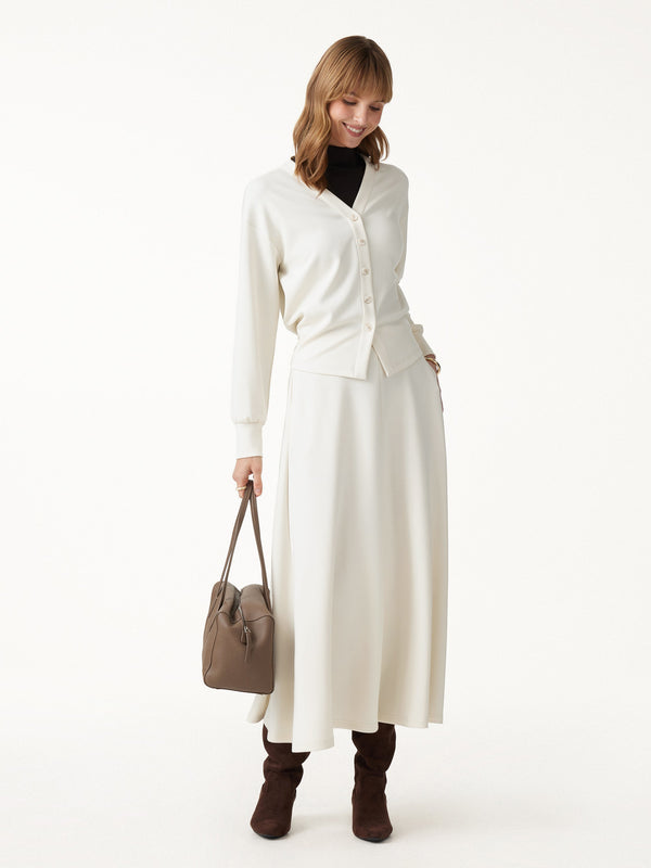 OGLmove 2Pcs Set V-Neck Long Sleeve Cardigan & Knit High-Rise Umbrella Midi Skirt with Pockets Off White XXS
