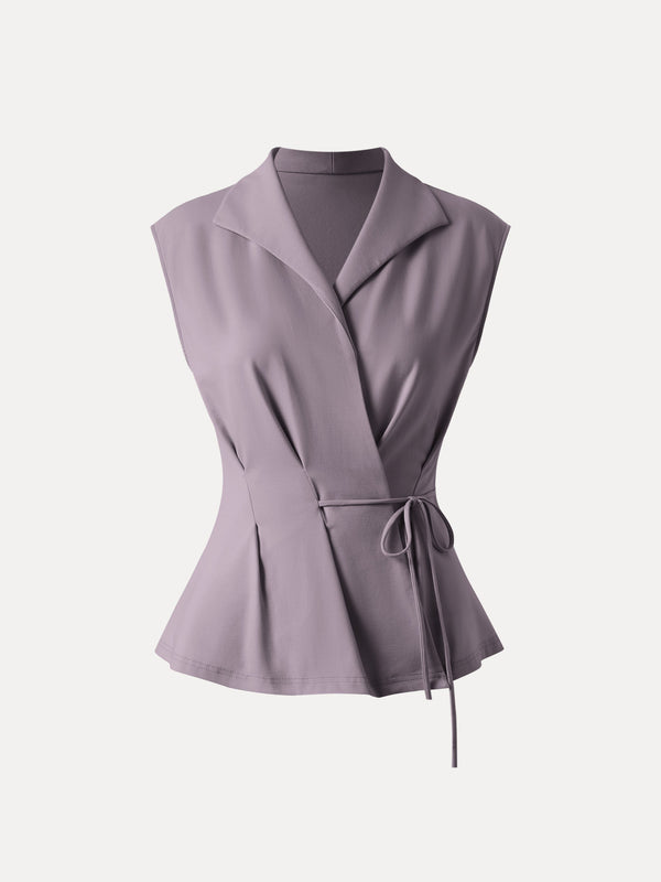 Icy Ponte Flap Collar Surplice Sleeveless Top with Drawstring Tie Taro Purple XS