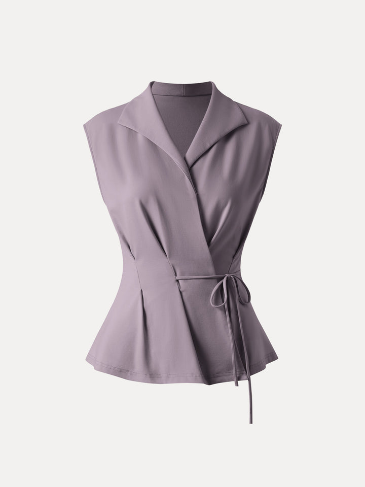 Icy Ponte Flap Collar Surplice Sleeveless Top with Drawstring Tie Taro Purple XS