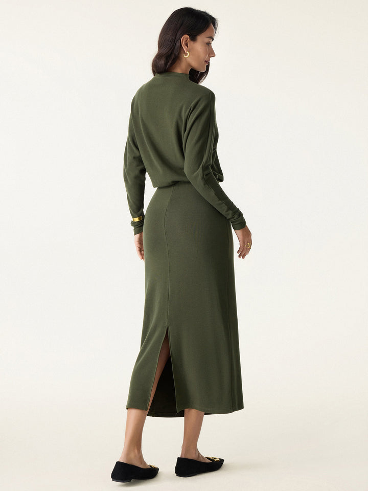 Mockneck Batwing Sleeve Cinched Waist Midi Dress