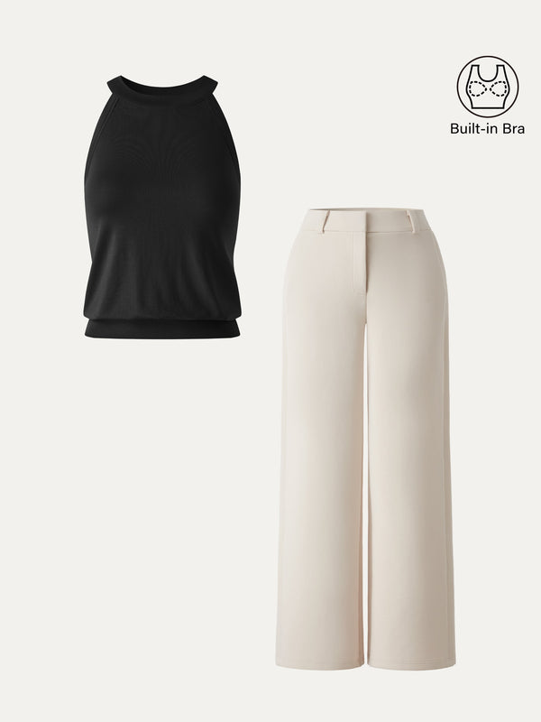 OGLmove 2Pcs Set Halter Neck Bra Top & Mid Rise Fly-Front Wide Leg Trousers
