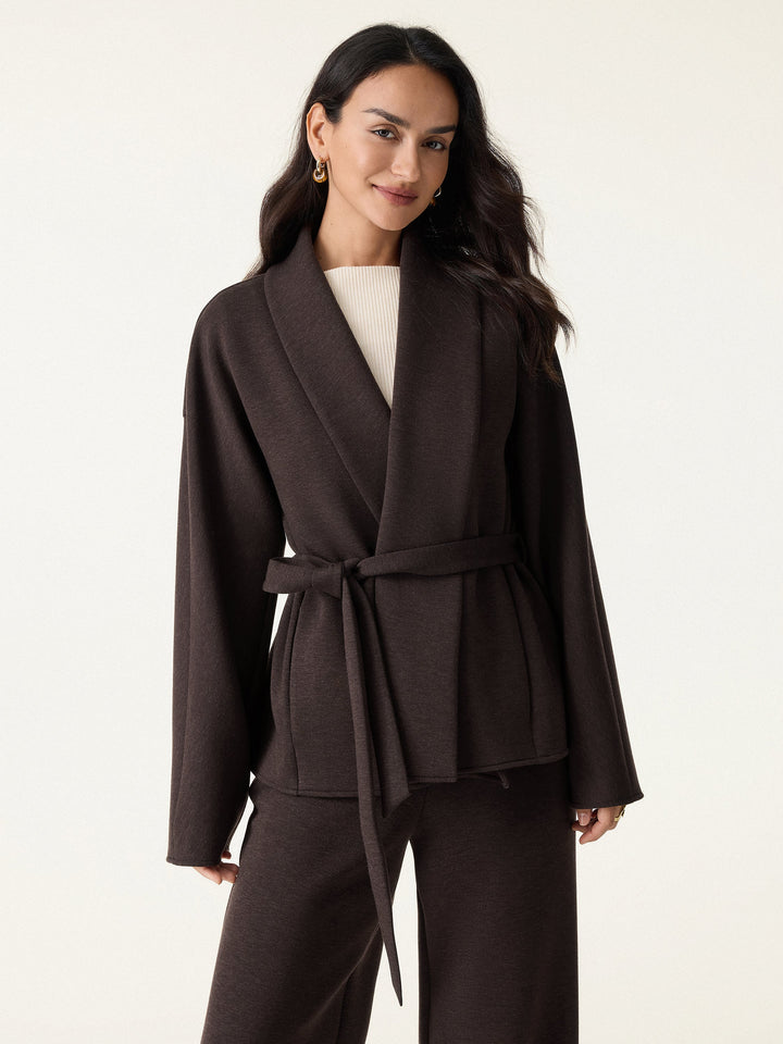 Timeless Shawl Neck Belted Outerwear with Pockets Espresso XS
