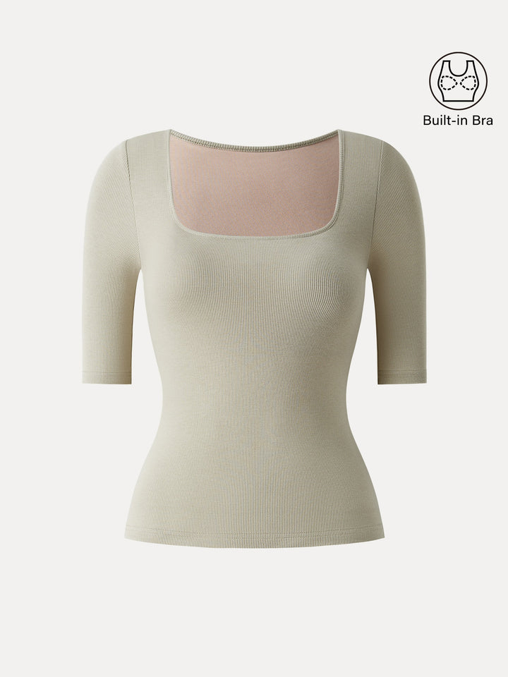 Essential Stretch Cotton Square Neck Elbow Length Sleeve Brami