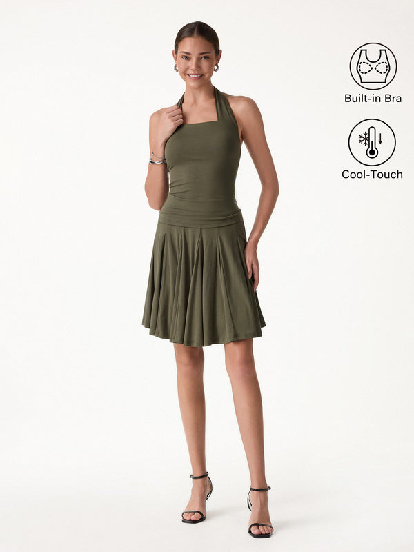 OGLmove 2Pcs Set Halter Going-Out Bra Top & Knee-Length Flare Skirt