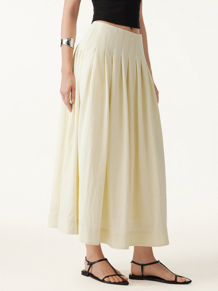 Wrinkle-free Cotton-linen Mid Rise Pleated Midi Skirt