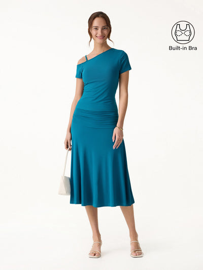 OGLmove 2Pcs Set SkinKiss Asymmetrical Shoulder Bra Top & Side Ruched A-line Midi Skirt Dark Marine XS