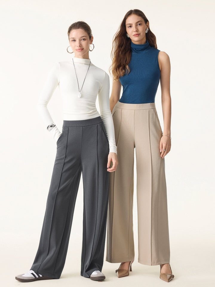 Wrinkle-Resistant Mid Rise Wide Leg Pants with Pockets