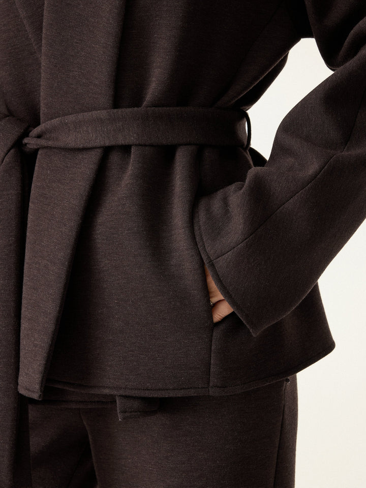 2Pcs Set Shawl Belted Outerwear & High Rise Straight Pull-on Pants with Pockets