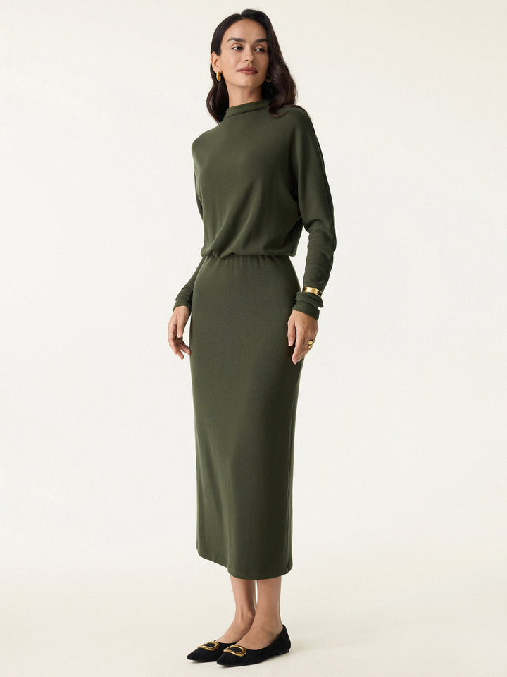 Mockneck Batwing Sleeve Cinched Waist Midi Dress