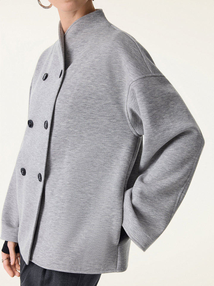 Stand Collar Double-Breasted Knit Jacket with Pockets