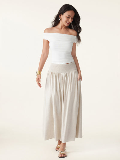 European Linen Smocked Waist Skirt with Pockets Linen Ivory XS