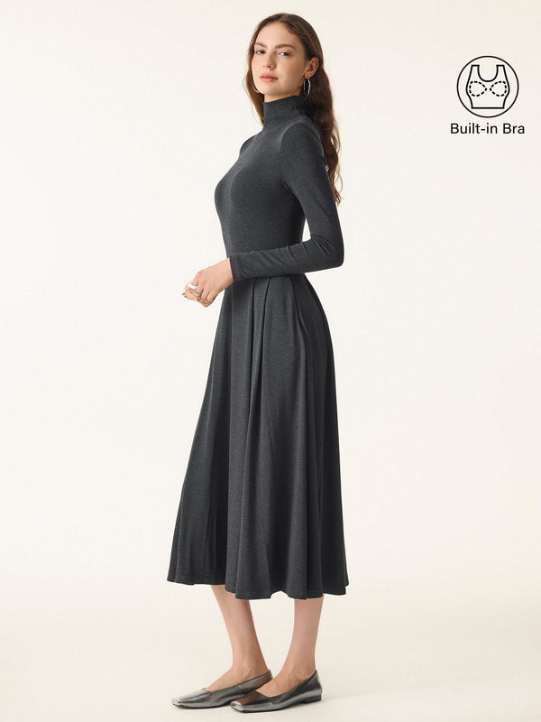OGLmove Light Warm Mockneck Pleated Midi Brami Dress with Pockets