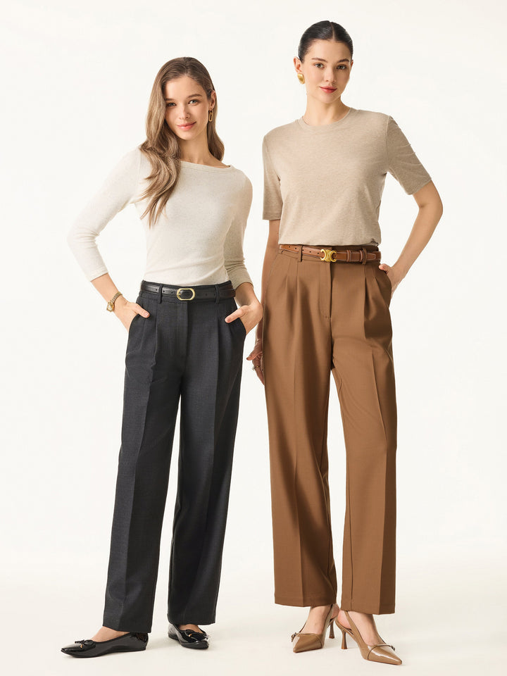 Stretch Wool High Rise Straight Leg Trousers with Pockets