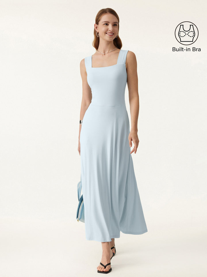 Flowy Square Neck Wide Straps Midi Brami Dress with Pockets Sky Glass XS