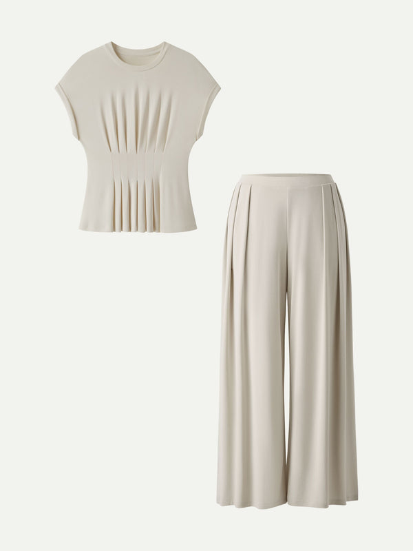 OGLmove 2Pcs Set Round Neck Short Sleeve Tee & Wide Leg Pants with Pockets