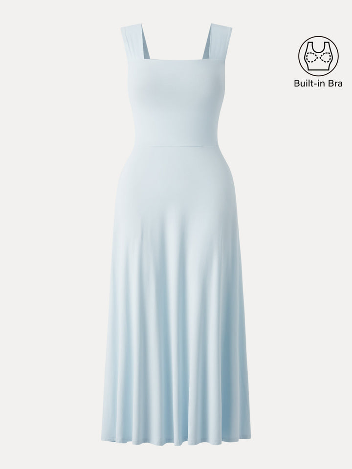 Flowy Square Neck Wide Straps Midi Brami Dress with Pockets