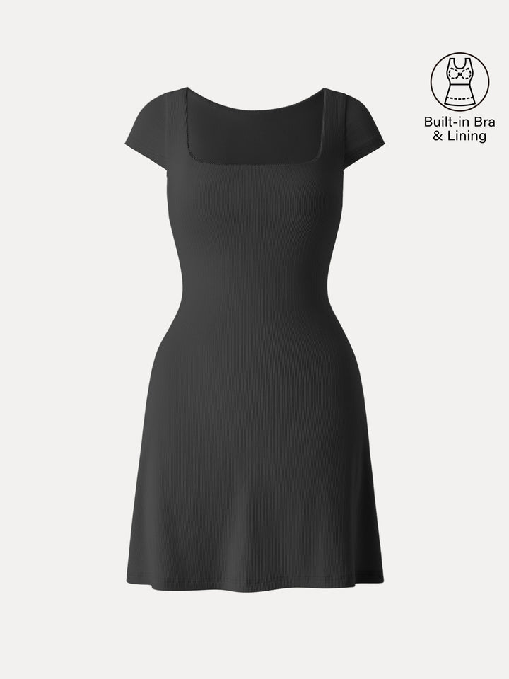 Stretch Cotton Pointelle Square Neck Cap Sleeve Mini Brami Dress Black XS