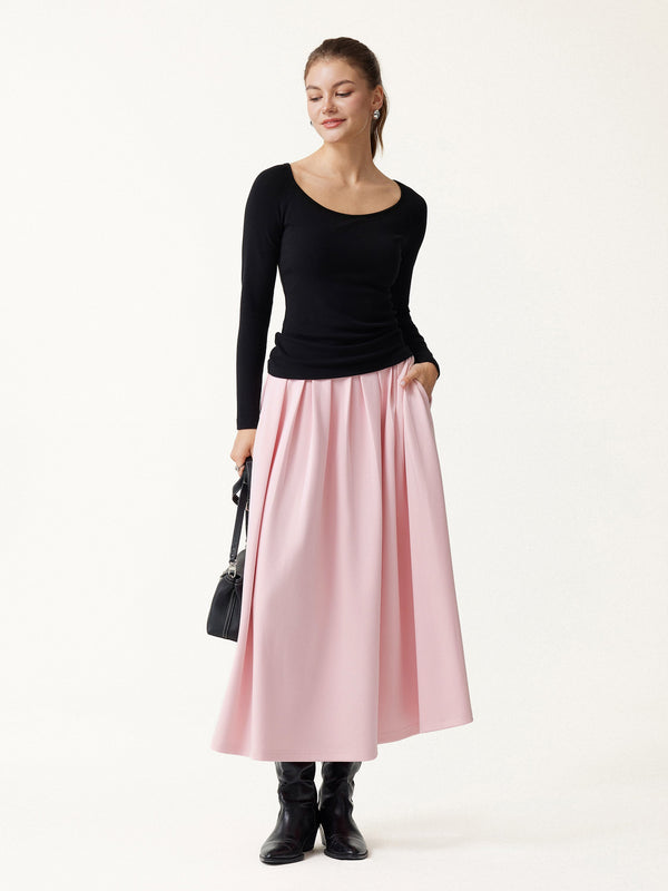 OGLmove Viscose Ponte High-Rise Tucked Umbrella Midi Skirt with Pockets