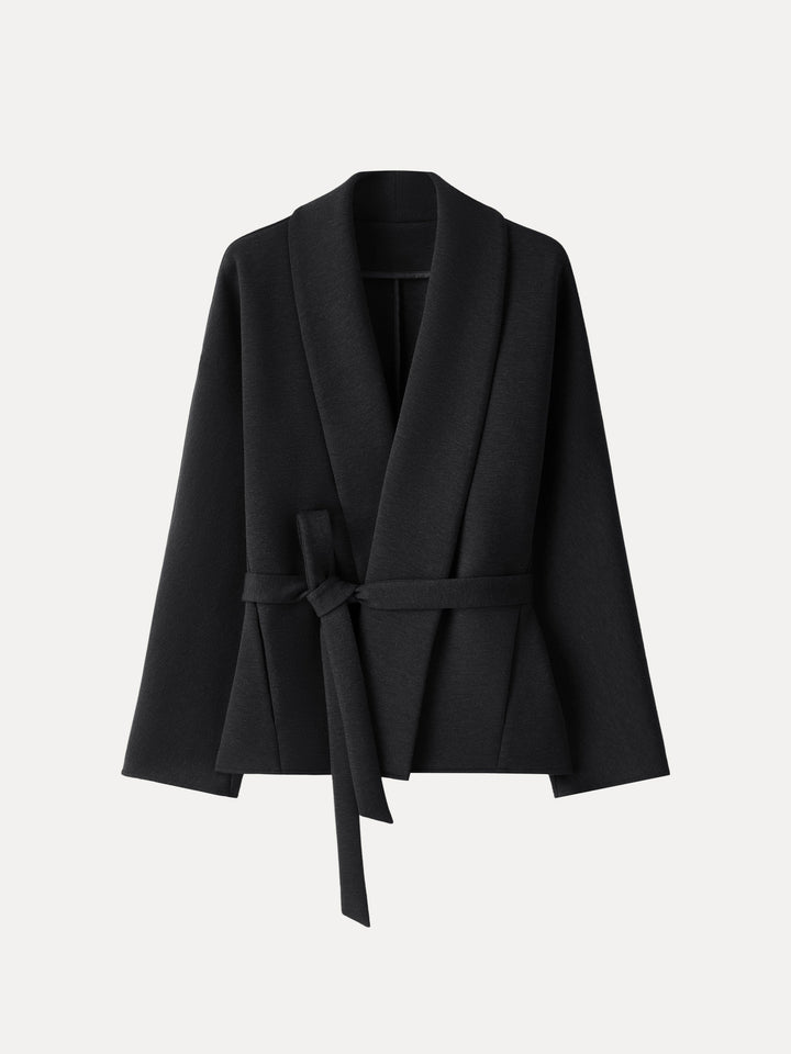 Timeless Shawl Neck Belted Outerwear with Pockets Black XS