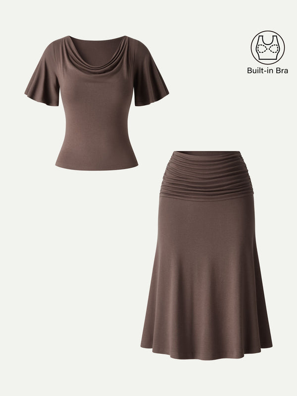 OGLmove 2Pcs Set Flutter Sleeve Bra Top & Midi Mermaid Skirt