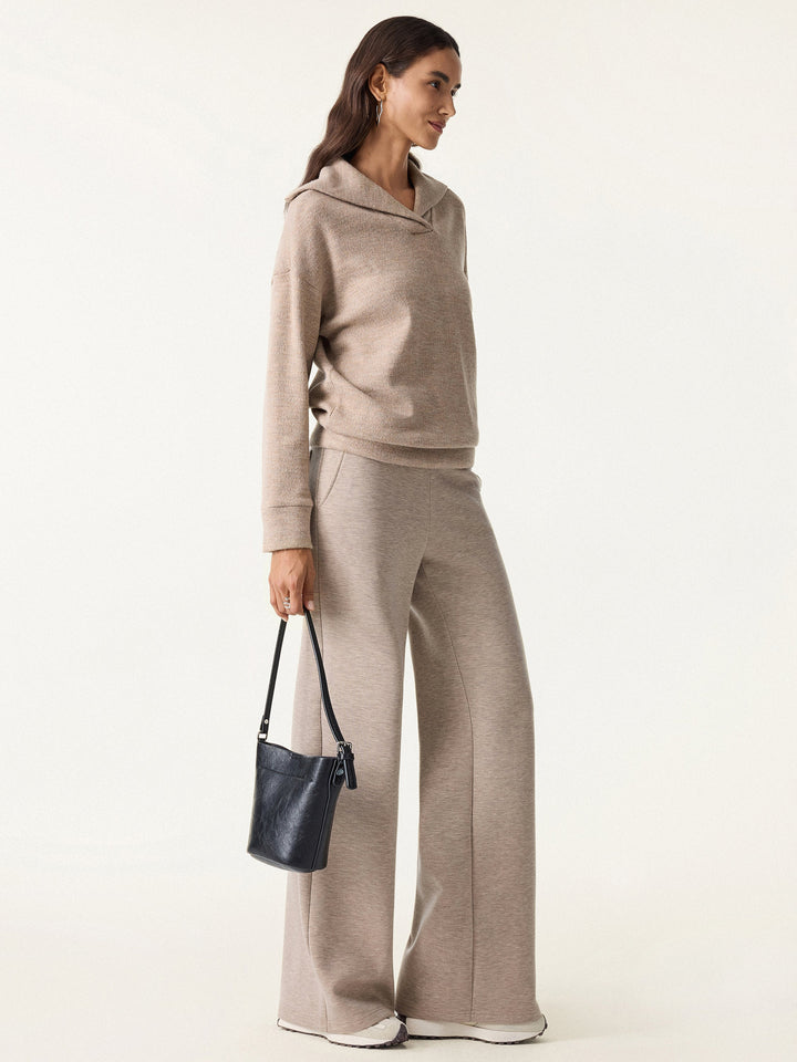 2Pcs Set Petite Double Waistband Straight Pants & V-Neck Batwing Sleeve Pullover