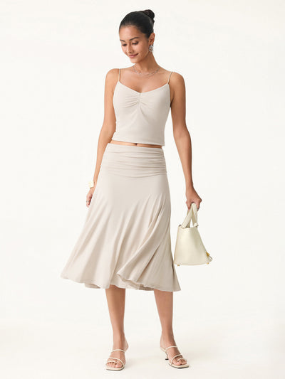 OGLmove2Pcs Tie Back Bandless Bra Tank & Side Ruched A-line Midi Skirt