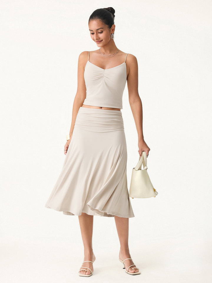 Flowy Side Ruched A-line Midi Skirt Fog XS