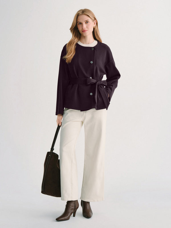 OGLmove Bamboo-Blend Round Neck Long Sleeve Belted Jacket with Pockets