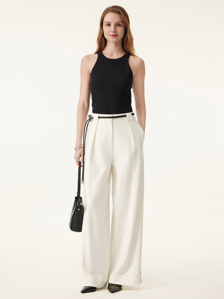 Bamboo Ponte Mid Rise Wide Leg Trouser with Fold-up Hem