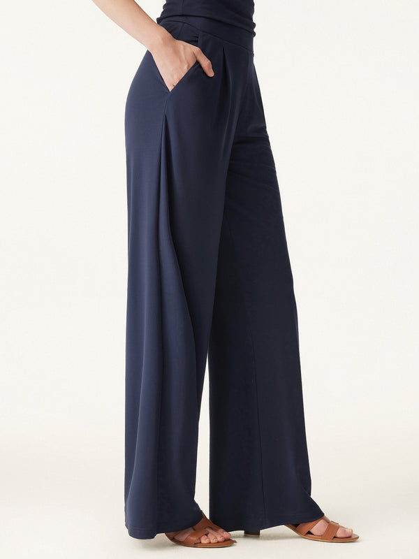 Mid Rise Pull-on Wide Leg Peated Pants with Pockets Universe Navy XS